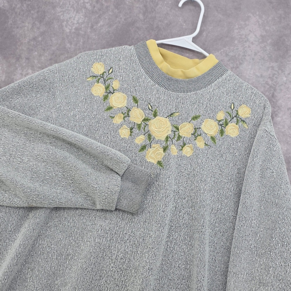 Vintage Sweatshirt BonWorth Grey Floral Embroidered Yellow Mock Neck Women XL